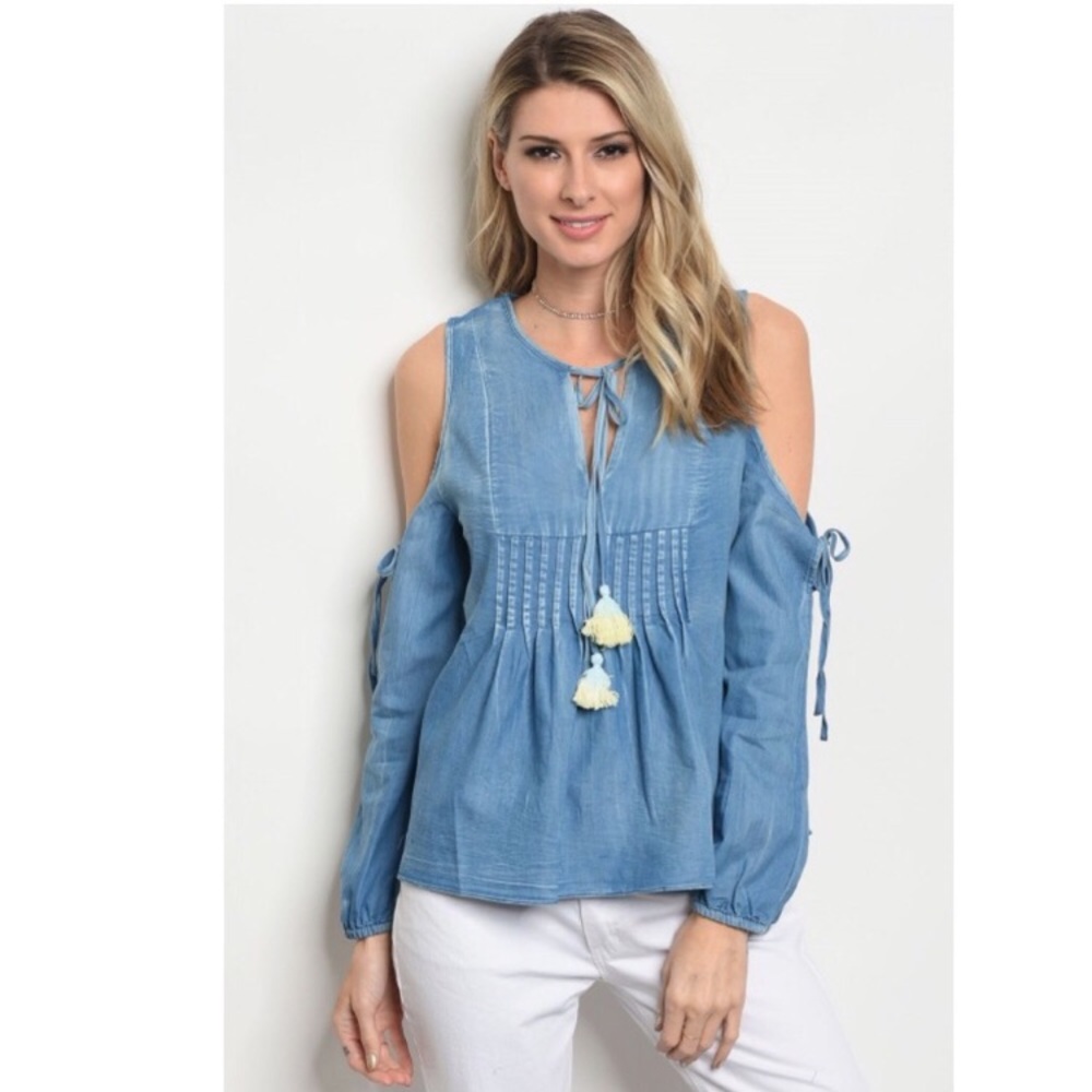 Cold Shoulder Denim Tassel Top - Picture 3 of 8